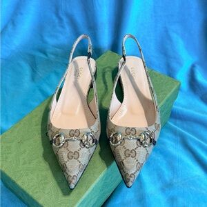 Gucci Brown GG Canvas Pointed Slingback Flats with Horsebit